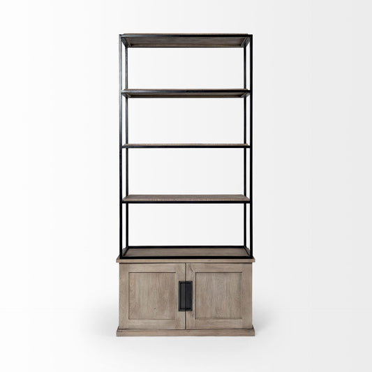 90" Brown Iron and Wood Three Tier Bookcase
