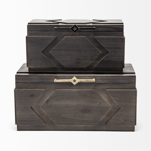 Set of Two Brown Solid Wood Box With Lid