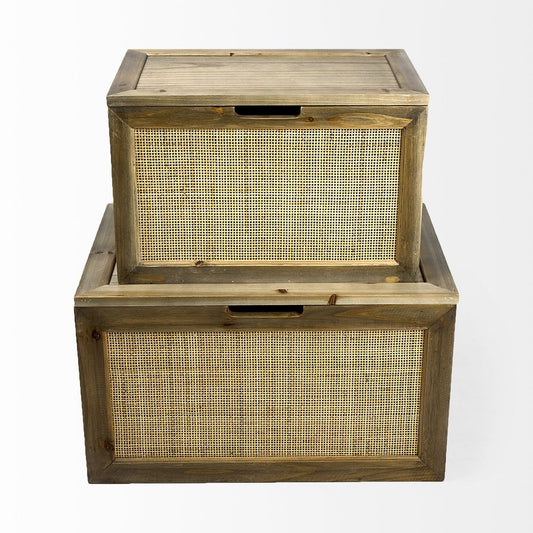 Set of Two Brown And Natural Cane And Solid Wood Box With Lid