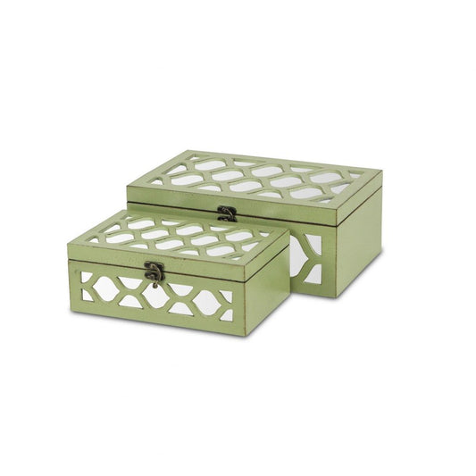 Set of Two Green Mirrored Glass And Solid Wood Box With Lid