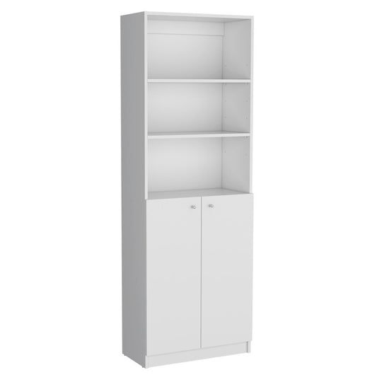 Set of Three White Wood Five Tier Modular Bookcase with Two Doors