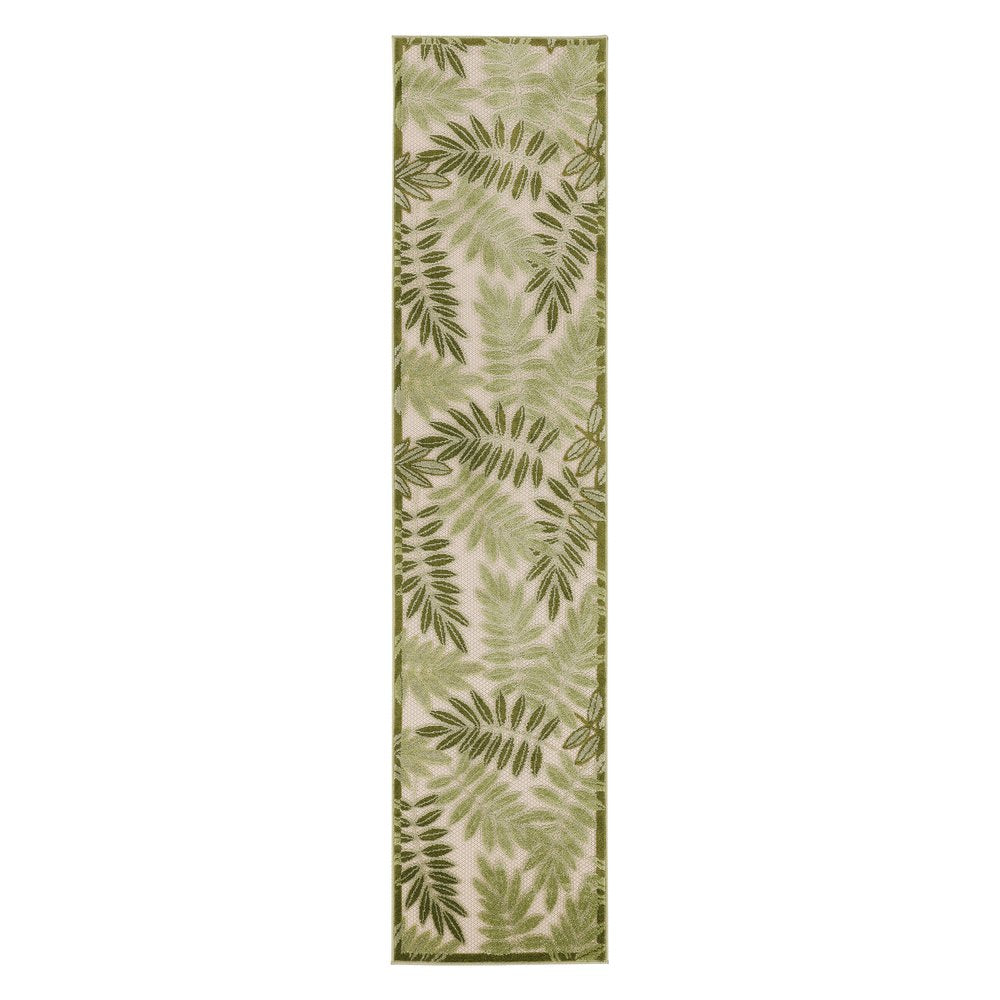 8' Ivory And Green Palm Leaf Indoor Outdoor Runner Rug