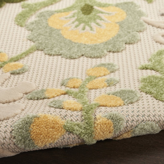 10' X 14' Ivory Green And Yellow Floral Indoor Outdoor Area Rug
