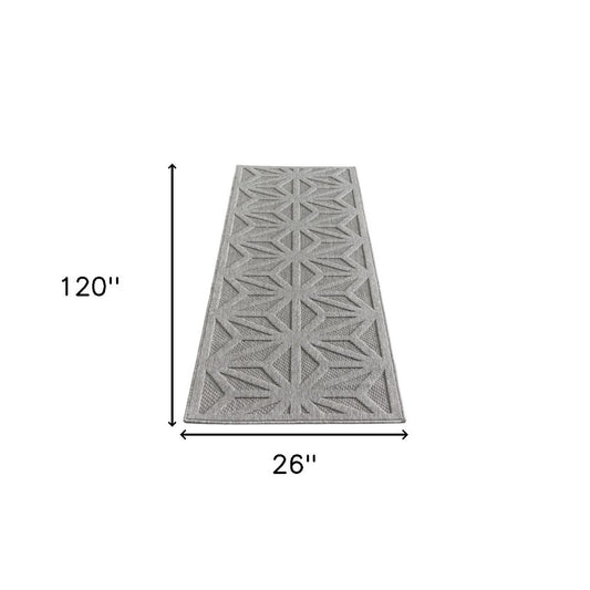 10' Light Gray And Gray Geometric Indoor Outdoor Runner Rug