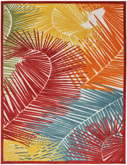 10' X 13' Yellow Red Orange Blue And Green Palm Leaf Indoor Outdoor Area Rug