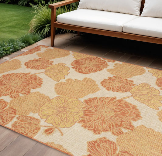 9' X 12' Coral And Ivory Floral Indoor Outdoor Area Rug