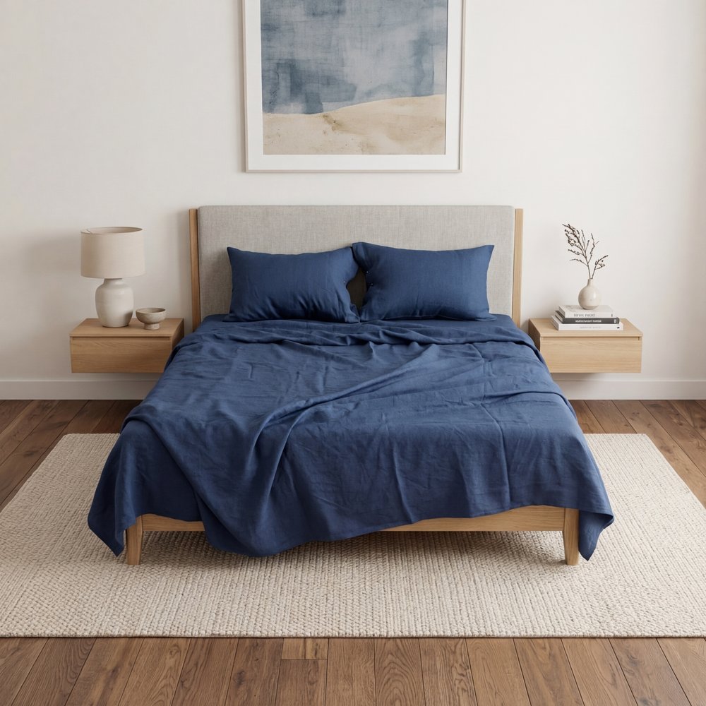 Set of Two Navy Blue Linen Standard Pillowcases