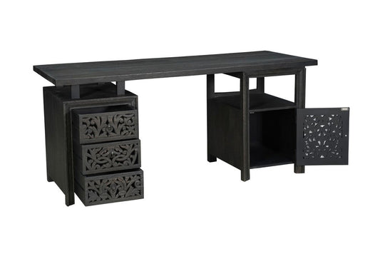 68" Black Carved Floral Scroll Solid Wood Computer Desk With Three Drawers