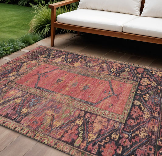 9' X 12' Salmon And Charcoal Oriental Washable Indoor Outdoor Area Rug
