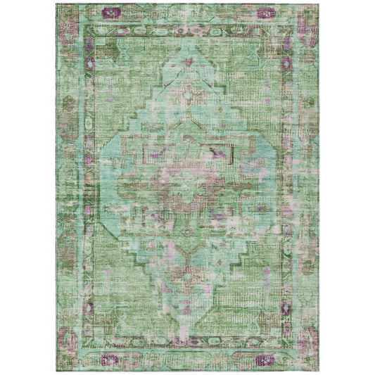 10' X 14' Artichoke Green Teal Blue And Lavender Oriental Washable Indoor Outdoor Area Rug