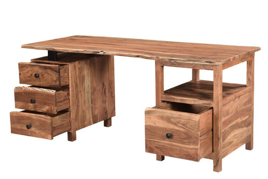 69" Brown Solid Wood Writing Desk and Bookshelf Set With Four Drawers