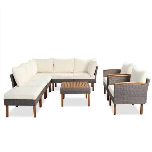 Nine Piece Gray and Beige Rattan Upholstered Cushions Sectional Seating Group With Table