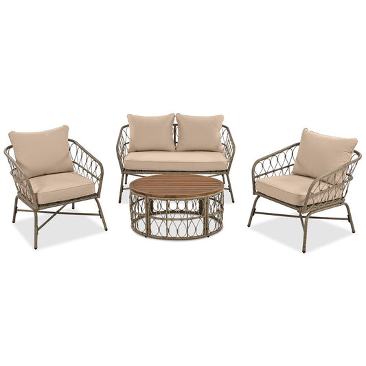 Four Piece Beige and Tan Wicker Upholstered Cushions Sofa Seating Group With Table