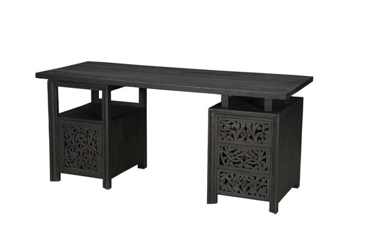 68" Black Solid Wood and Metal Carved Floral Desk With Three Drawers