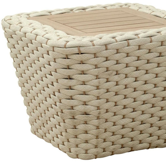 24" Natural And White Square Solid Wood And Wicker Outdoor Coffee Table