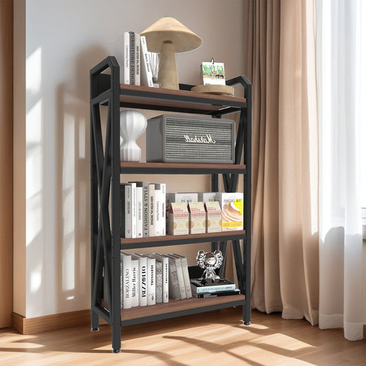 56" Black And Brown Metal and Wood Four Tier Etagere Bookcase