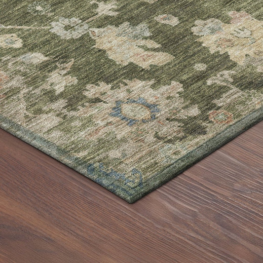 9' X 12' Olive Green Beige And Blue Floral Washable Indoor Outdoor Area Rug