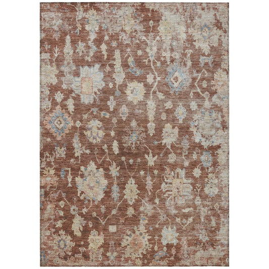 9' X 12' Rust Beige And Blue Floral Washable Indoor Outdoor Area Rug