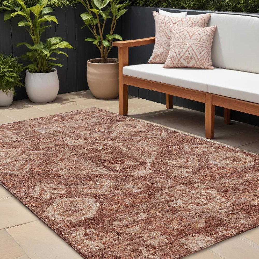 9' X 12' Rust And Beige Medallion Washable Indoor Outdoor Area Rug