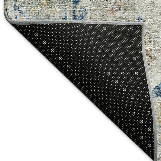 10' X 14' Linen And Blue Medallion Washable Indoor Outdoor Area Rug