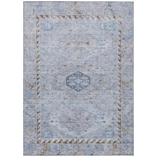 9' X 12' Sky Blue And Brown Medallion Washable Indoor Outdoor Area Rug