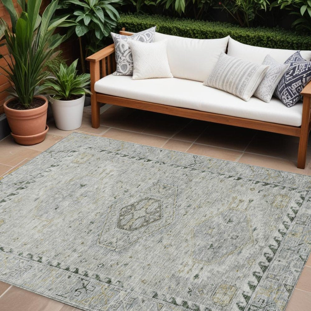 9' X 12' Taupe And Beige Medallion Washable Indoor Outdoor Area Rug