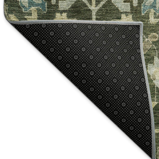 9' X 12' Olive Green Teal Blue And Gold Floral Washable Indoor Outdoor Area Rug