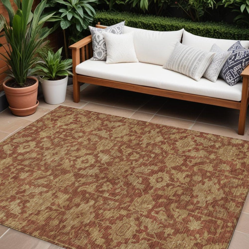 9' X 12' Rust And Beige Floral Washable Indoor Outdoor Area Rug