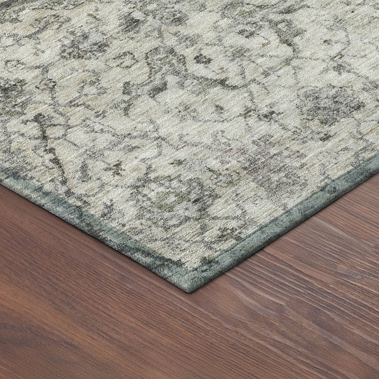 9' X 12' Beige And Gray Damask Washable Indoor Outdoor Area Rug