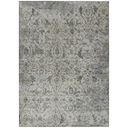 10' X 14' Beige And Gray Damask Washable Indoor Outdoor Area Rug