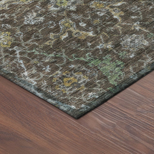 9' X 12' Chocolate And Gray Damask Washable Indoor Outdoor Area Rug