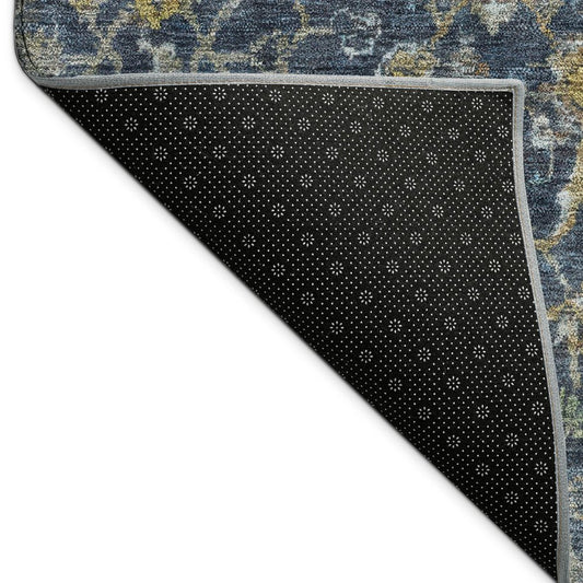 9' X 12' Navy Blue And Gray Damask Washable Indoor Outdoor Area Rug
