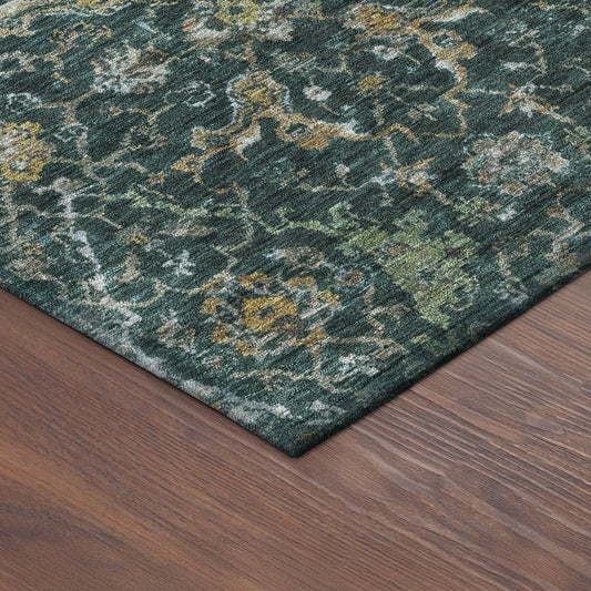 9' X 12' Teal Blue And Gray Damask Washable Indoor Outdoor Area Rug