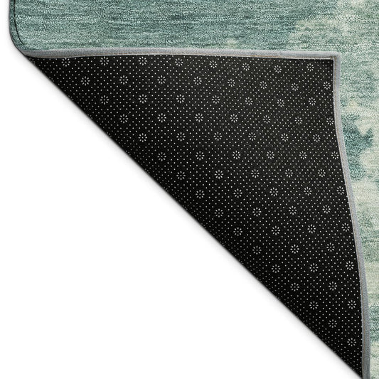 9' X 12' Teal Blue Ivory And Gold Abstract Washable Indoor Outdoor Area Rug