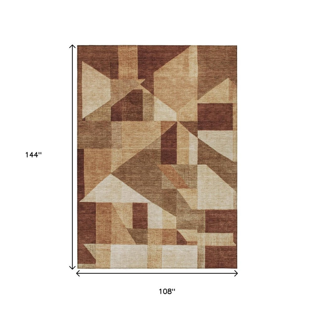 9' X 12' Rust And Beige Geometric Washable Indoor Outdoor Area Rug
