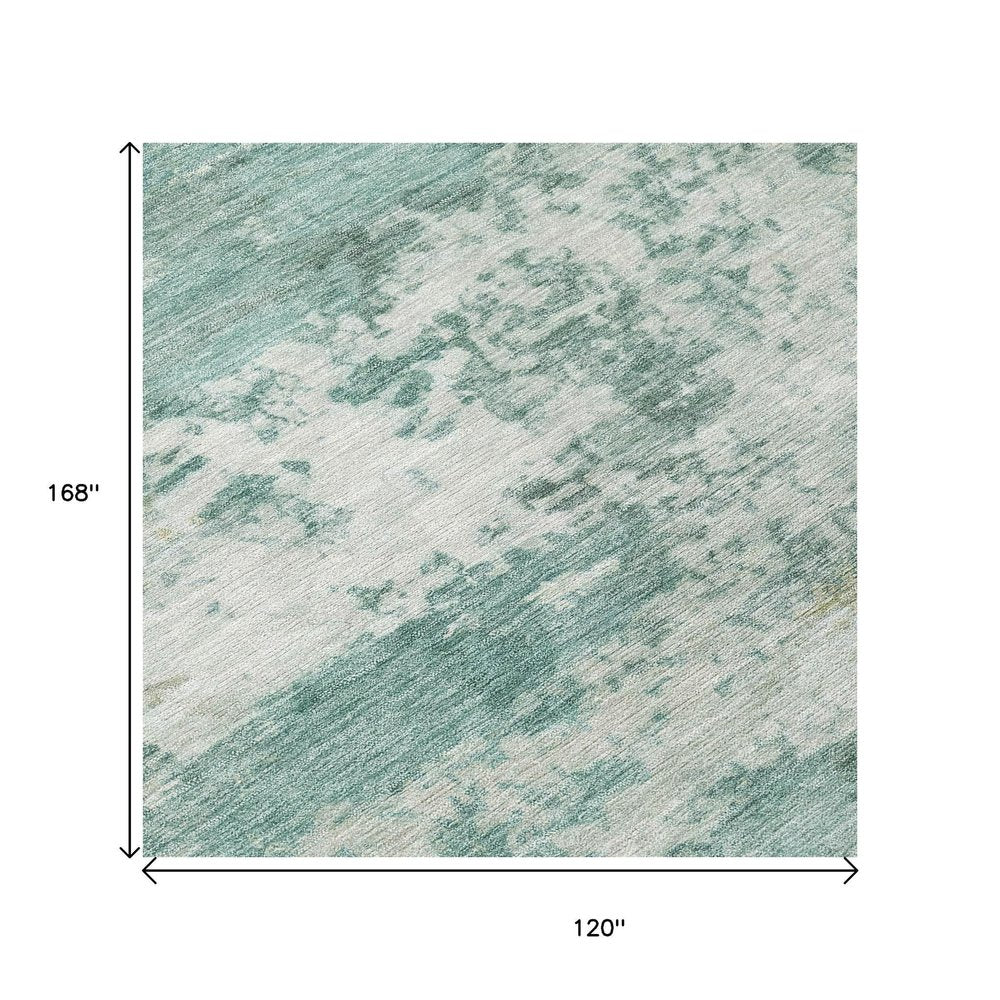 10' X 14' Aqua And Ivory Abstract Washable Indoor Outdoor Area Rug