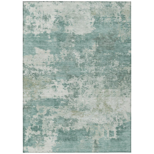 10' X 14' Aqua And Ivory Abstract Washable Indoor Outdoor Area Rug