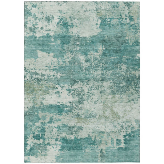 9' X 12' Teal Blue And Ivory Abstract Washable Indoor Outdoor Area Rug