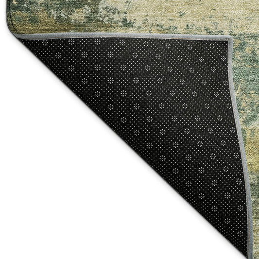 9' X 12' Fern Green And Gold Abstract Washable Indoor Outdoor Area Rug