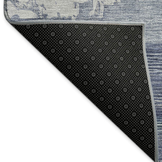 9' X 12' Navy Blue Ivory And Beige Abstract Washable Indoor Outdoor Area Rug