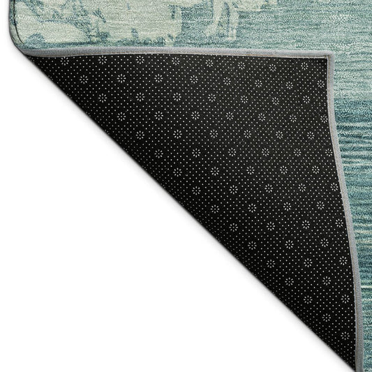 9' X 12' Teal Blue And Beige Abstract Washable Indoor Outdoor Area Rug