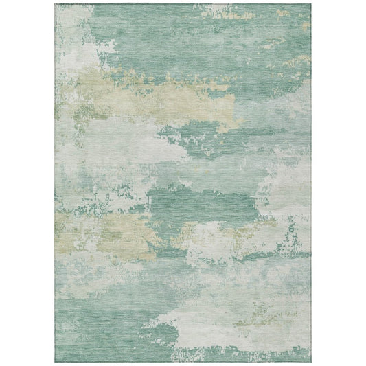 9' X 12' Turquoise And Ivory Abstract Washable Indoor Outdoor Area Rug