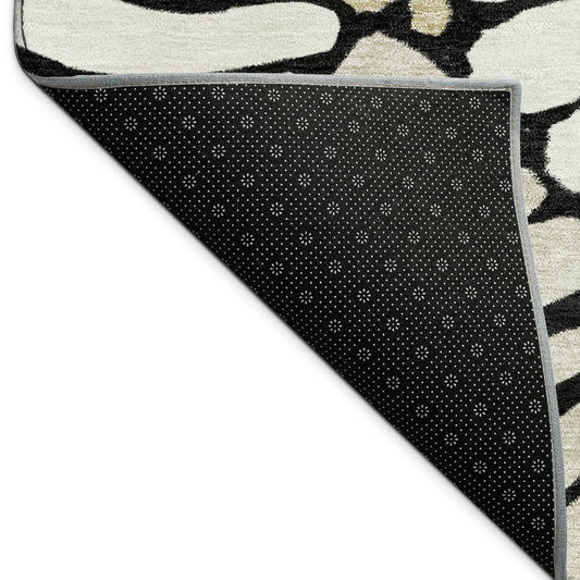 9' X 12' Black Ivory And Gold Floral Washable Indoor Outdoor Area Rug