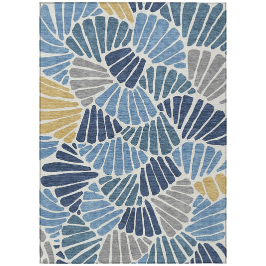 10' X 14' Blue Gold And Ivory Floral Washable Indoor Outdoor Area Rug