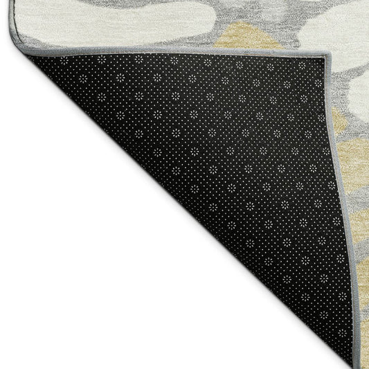 9' X 12' Gray Gold And Ivory Floral Washable Indoor Outdoor Area Rug