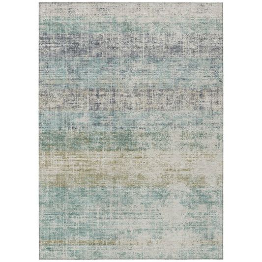 9' X 12' Teal Blue And Beige Striped Washable Indoor Outdoor Area Rug