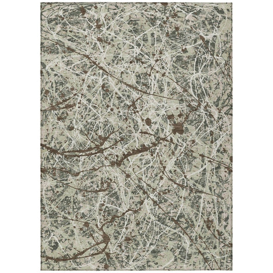 10' X 14' Artichoke Green Brown And Ivory Abstract Washable Indoor Outdoor Area Rug