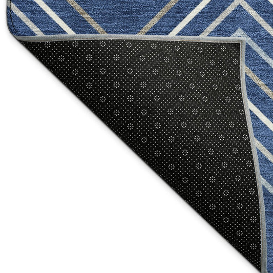 9' X 12' Navy Blue Ivory And Gray Geometric Washable Indoor Outdoor Area Rug