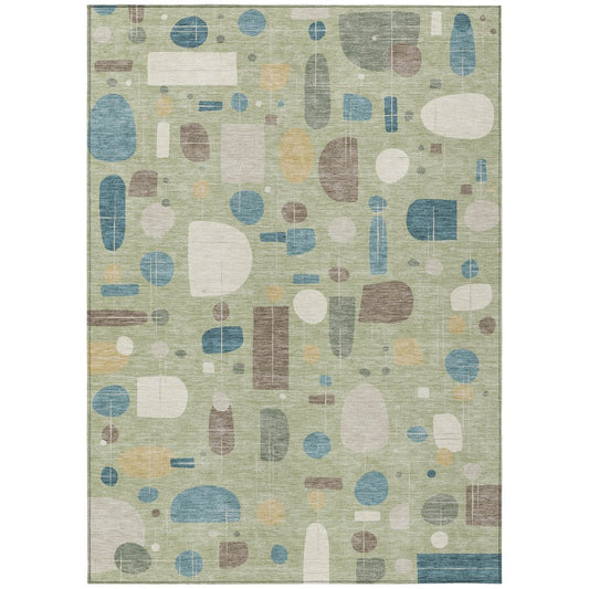 10' X 14' Artichoke Green Blue And Ivory Geometric Washable Indoor Outdoor Area Rug