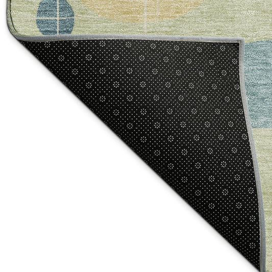 10' X 14' Artichoke Green Blue And Ivory Geometric Washable Indoor Outdoor Area Rug